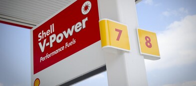 Shell V-Power sign above the petrol pump